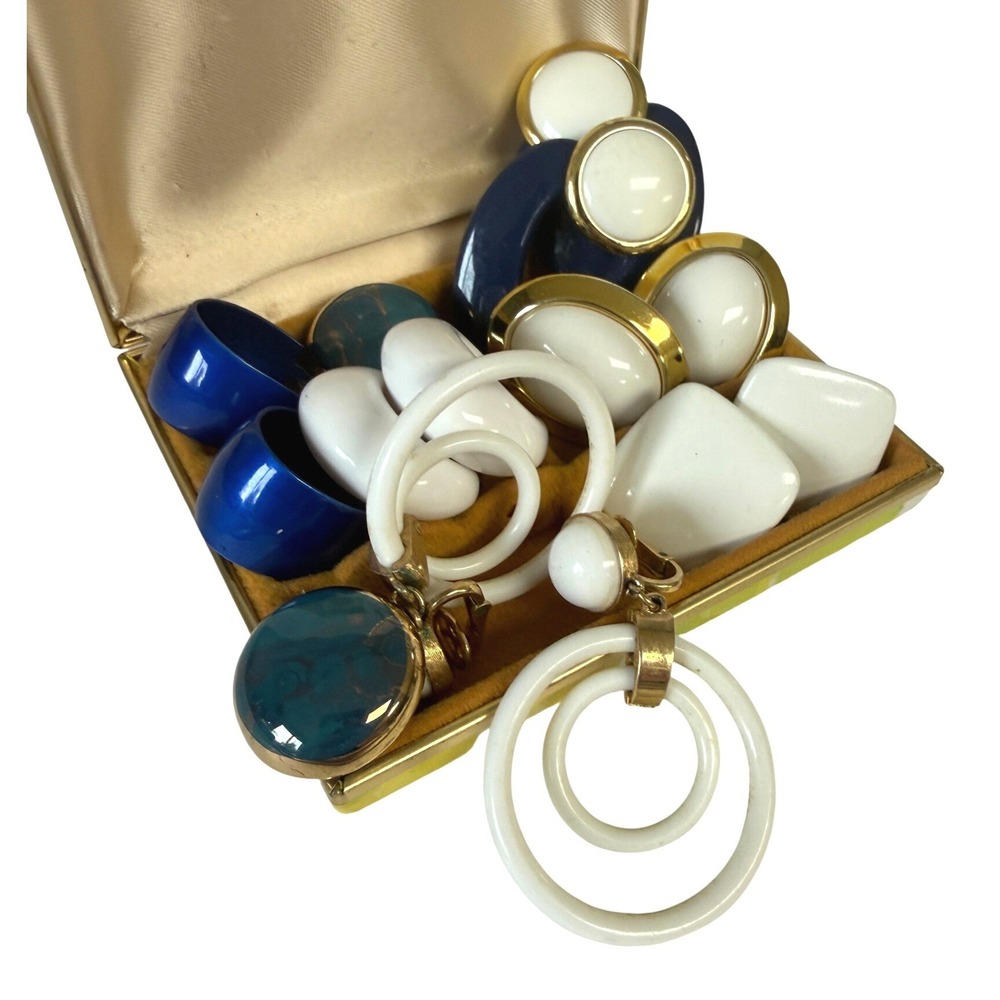 Vintage 80s 90s Earring Lot 7Pr Navy White Geometric Enamel Coventry Trifari